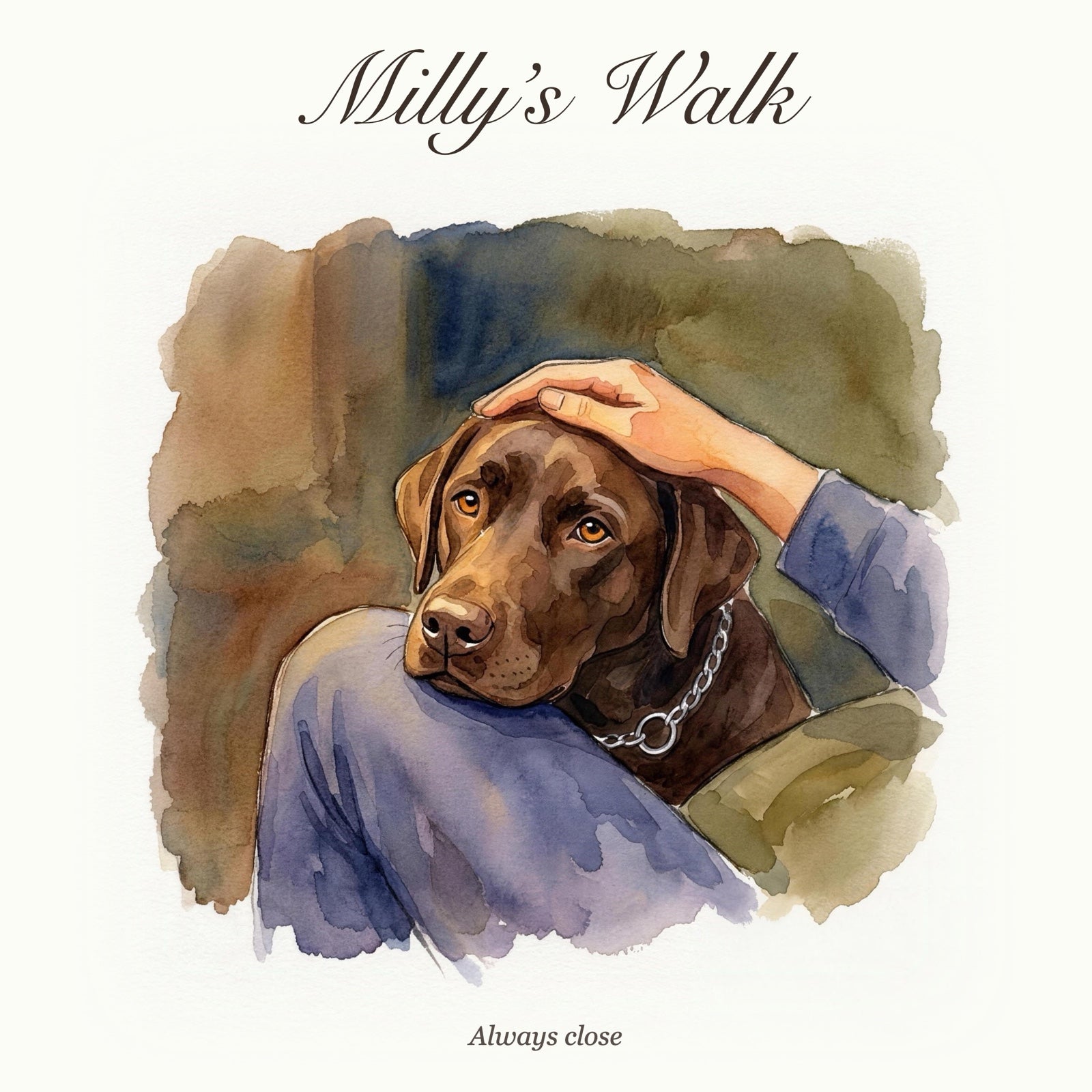 Milly's Walk: a watercolour of a chocolate Labrador resting her head on a knee, a hand on her head