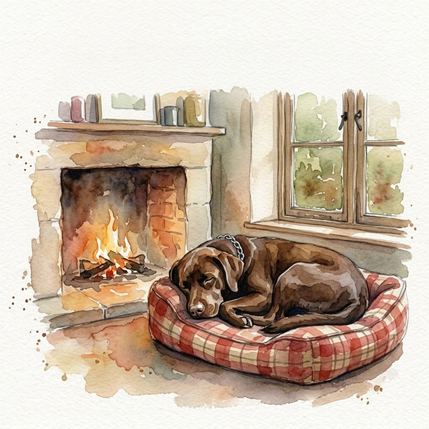 Milly asleep on her red checkered bed by the fire