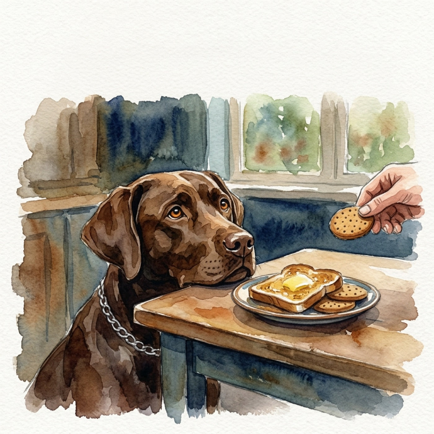 Milly hoping for a biscuit at the table