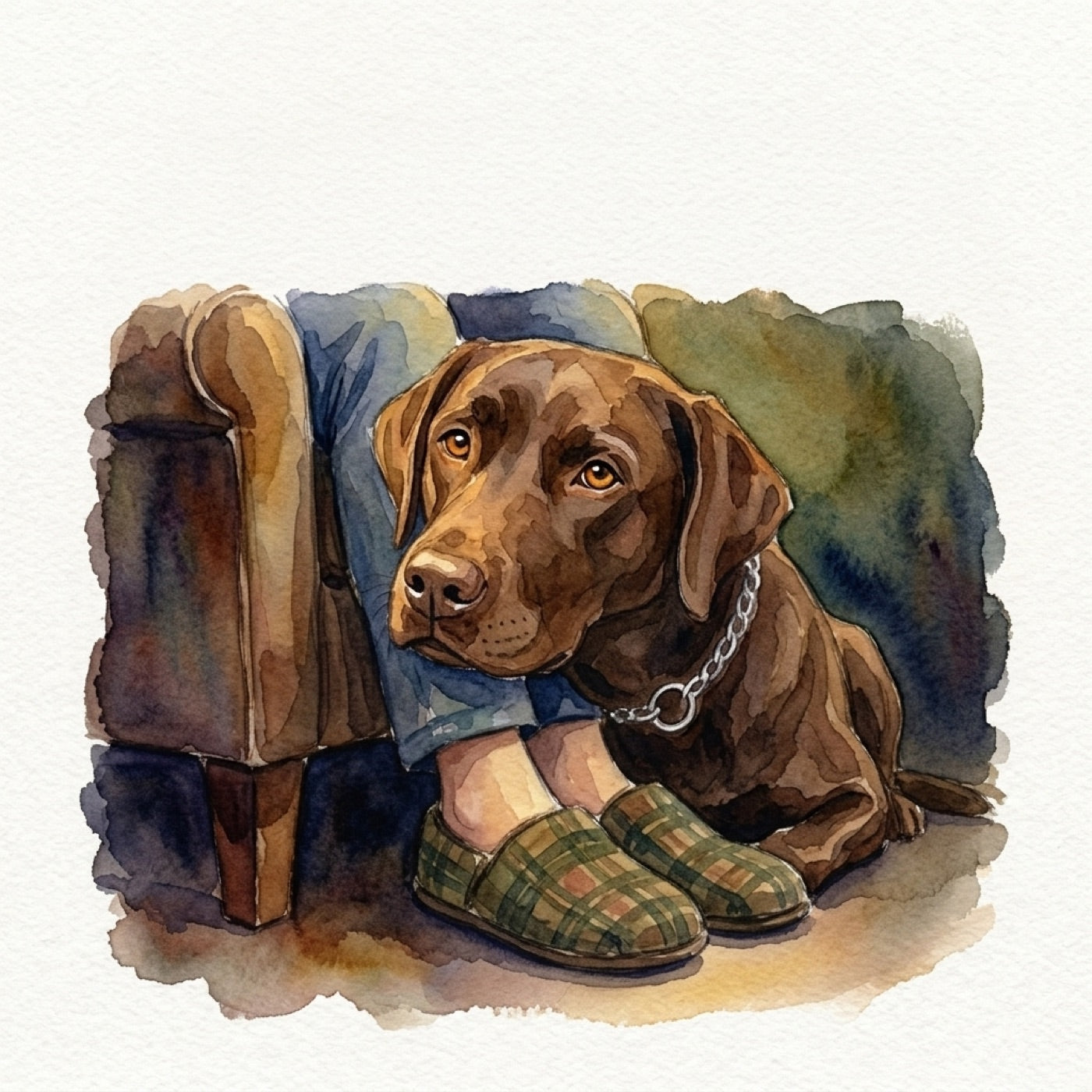 Milly at the feet of someone in an armchair