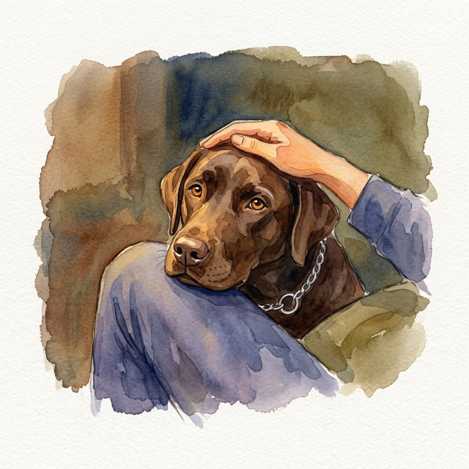 Watercolour of a Labrador resting her head on a knee with a hand on her head